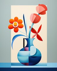 Minimalist cubism artwork of a vase with flowers illustration made with Generative AI 