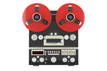 Retro reel-to-reel tape recorder, front view. 3D rendering isolated on transparent background