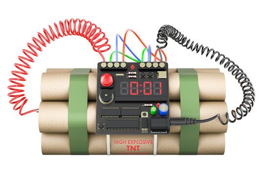 TNT bomb explosive with digital countdown timer. 3D rendering isolated on transparent background