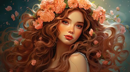 Beautiful girl with flowers in her hair. AI generation