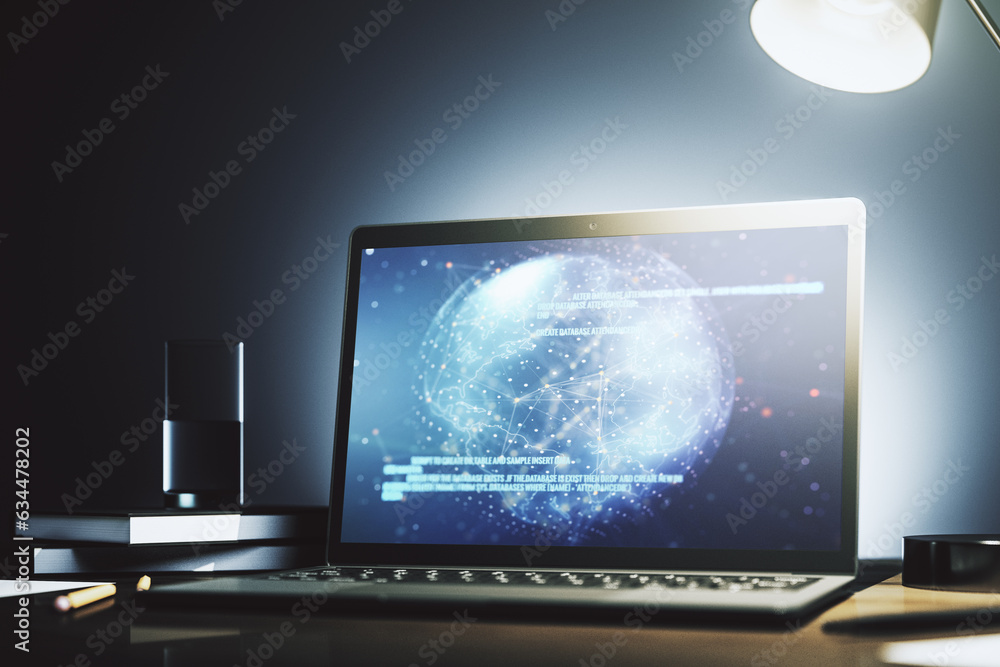 Poster modern computer display with abstract software development hologram and world map, global research a