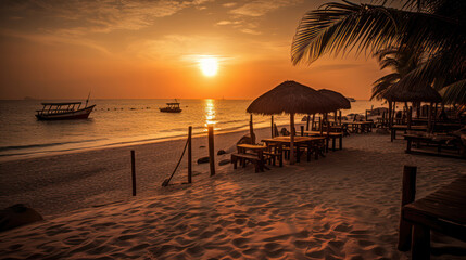 Beach-Bar am tropischen Strand im Sonnenuntergang - obrazy, fototapety, plakaty