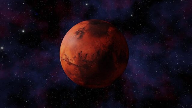 Planet Mars view from outer space and twinkling stars in the Milky Way galaxy 3d render. Solar system planets concept, sci-fi, space exploration and discovery of habitable terrestrial planets