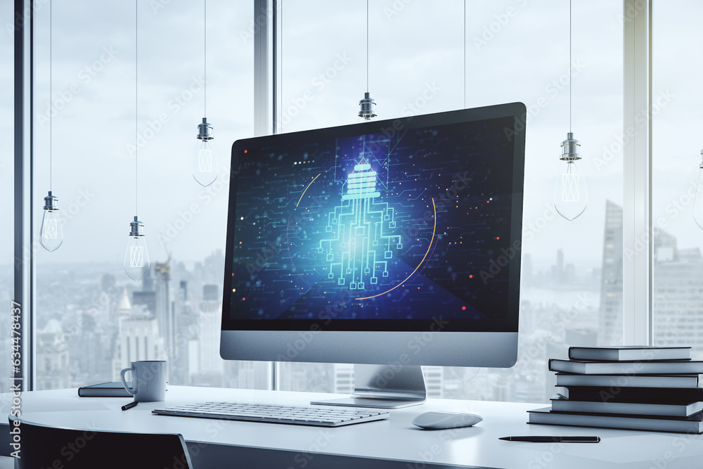 Poster Modern computer monitor with creative light bulb hologram and chip on laptop background, idea and brainstorming concept. 3D Rendering