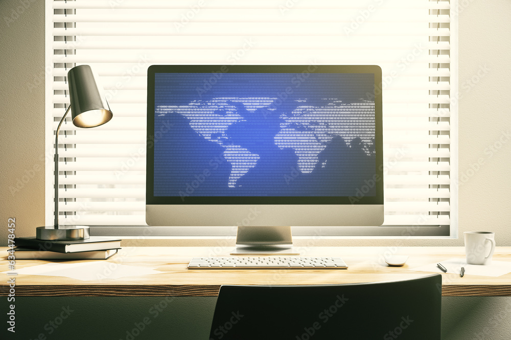 Poster modern computer screen with abstract creative digital world map, research and analytics concept. 3d 