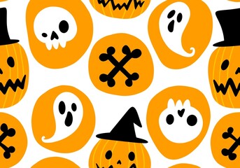 Autumn harvest vegetable seamless monster Halloween pumpkins pattern for wrapping paper and fabrics
