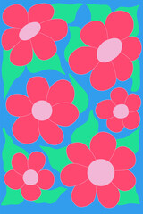 Pink flowers with green leaves on blue background. Drawing style. Colorful illustrations of flowers for covers, photos. Interior painting. Flat design. Hand drawn fashion vector illustration.