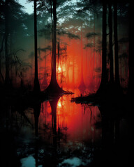 Fototapeta premium Enigmatic AI-generated illustration of Salem's Southern gothic mysterious glowing witch swamp. Luminous mysteries of deep Americana, 