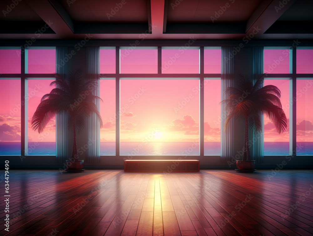 Poster illustration of sunset in a room with a large window overlooking the sea. generative ai