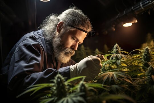 Grower checking cannabis plants | Generative AI