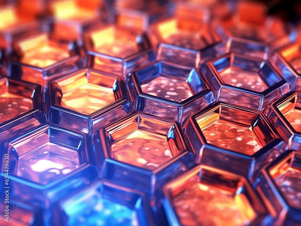 Poster abstract background with hexagons in blue and orange. generative ai
