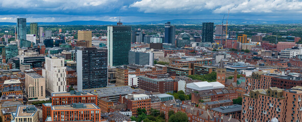Aerial view of Manchester downtown and skyline development, photographed abbe oxford Road. 