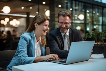 Mid-aged male manager mentor teaching young female worker looking at laptop discussing corporate strategy in teamwork, working on a computer in office at an international team meeting. Generative AI