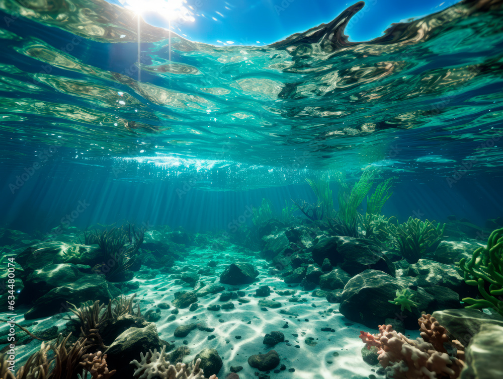 Aufkleber underwater view of the coral reef with fishes and rays of sunlight. generative ai