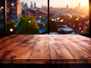 Empty wooden table for product placement or montage with city view background. Generative AI