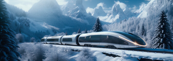 Futuristic modern train in winter snowy forest. Sunny day in the forest. generative ai