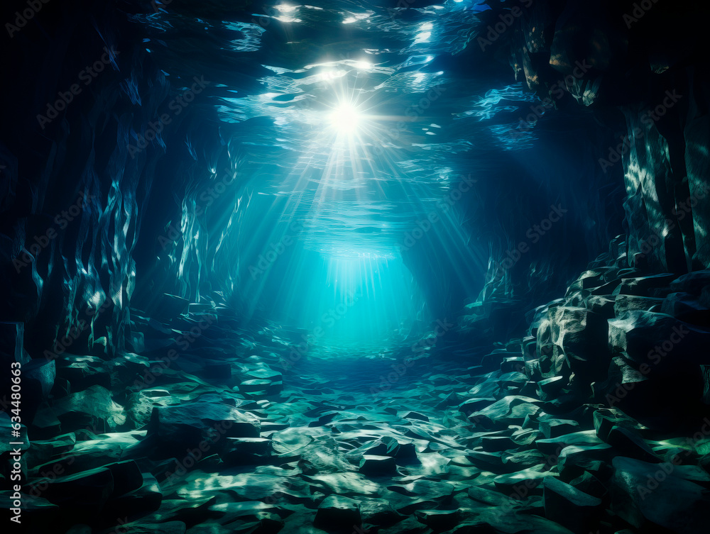 Poster Underwater cave with light rays. Generative AI