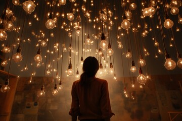 Woman in room full of light bulbs