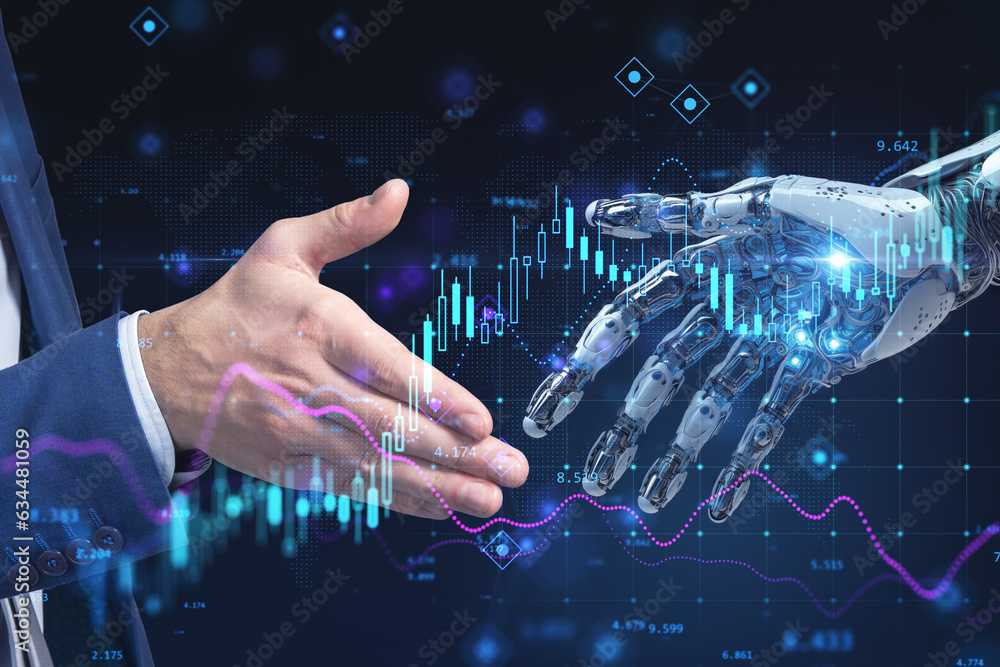 Poster Close up of businessman and robot hands touching each other with forex chart. Toned image double exposure. Generative AI