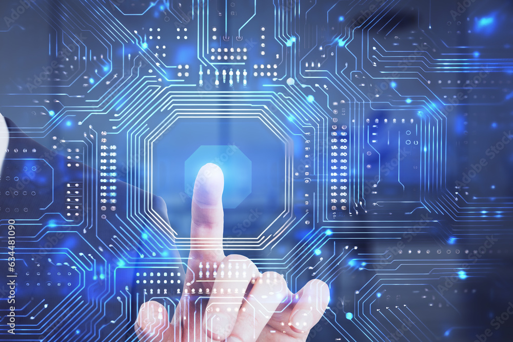 Poster businessman using digital circuit interface on blurry office interior background. technology concept