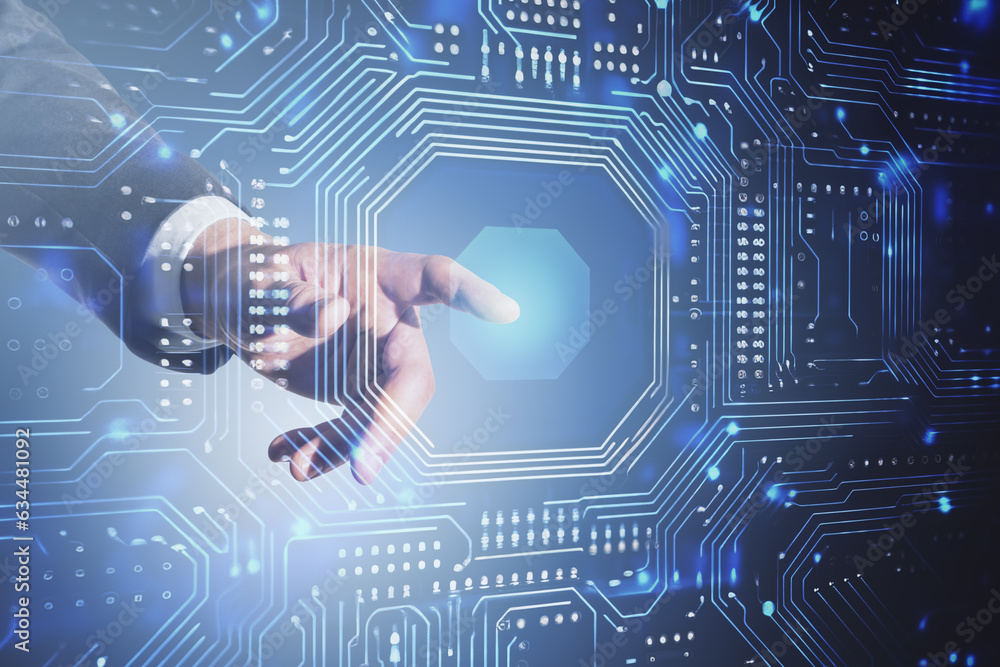 Poster close up of businessman hand touching abstract circuit board hologram. technology concept. double ex