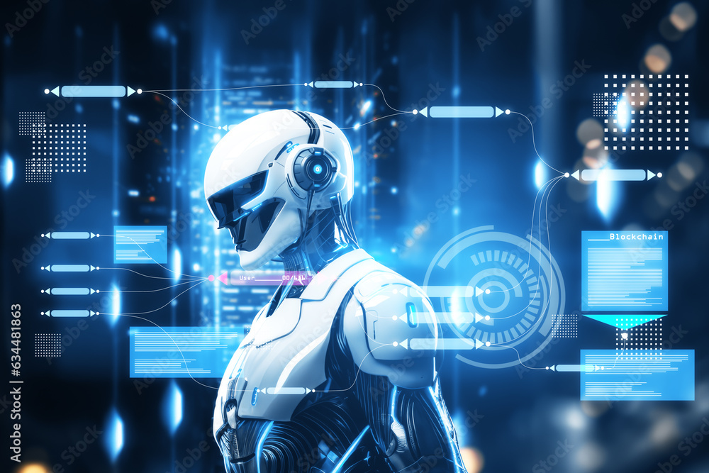 Poster Humanoid robot working with virtual hologram screen on dark background. Double exposure. Generative AI