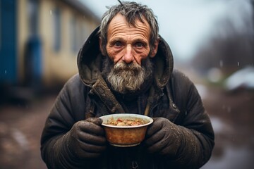bum with soup in hand
