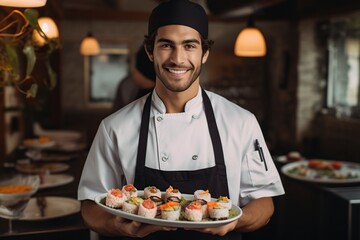 smiling male chef holding a plate with sushi