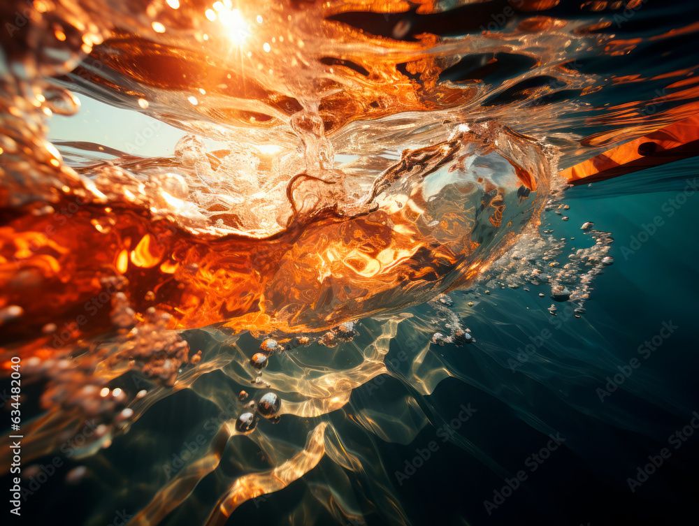 Aufkleber Underwater background with wave and sun rays. Generative AI