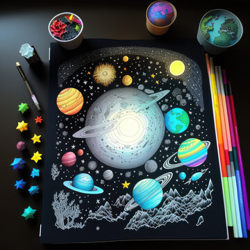 Space scene with planets, stars and galaxies. drawn on book with black background. Different color pencils, paints on dark table. Top view, study, learning materials. Astronomy, concept. AI generative