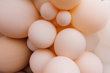 Close up of various air balloons of different pastel colours and sizes. Baby shower, gender or birthday party, wedding and christening decoration. Details of festive photo zone arch. Stylish backdrop