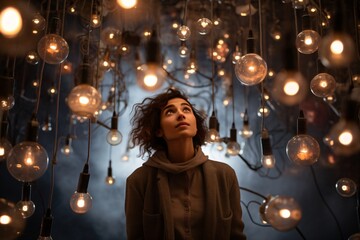 Woman in room full of light bulbs