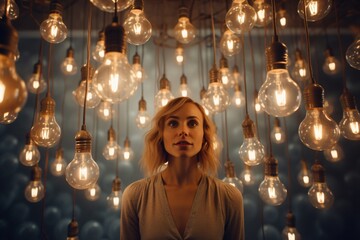 Woman in room full of light bulbs