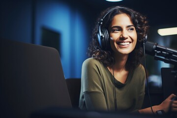 Obraz na płótnie Canvas woman recording podcast in a studio
