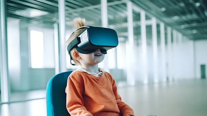 A child in a wheelchair in virtual reality, a child with limited mobility in VR glasses, new technologies of the future for children with special needs