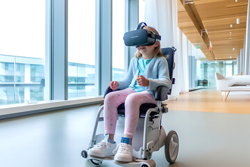 A child in a wheelchair in virtual reality, a child with limited mobility in VR glasses, new technologies of the future for children with special needs