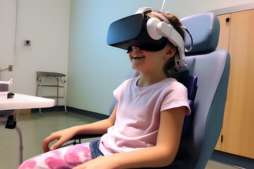 A child in a wheelchair in virtual reality, a child with limited mobility in VR glasses, new technologies of the future for children with special needs