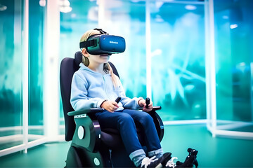 A child in a wheelchair in virtual reality, a child with limited mobility in VR glasses, new technologies of the future for children with special needs