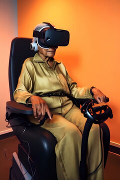 old lady in viar glasses in virtual reality memories