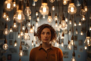 Woman in room full of light bulbs