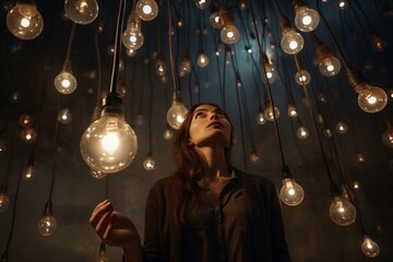 Woman in room full of light bulbs