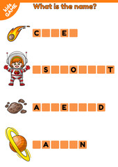 Educational game for kids. Write the missing letters. English spelling training. Worksheet for education children on space theme. Cartoon astronaut girl, asteroid, comet and planet Saturn. Vector.