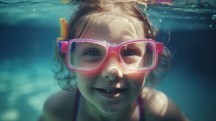 Cute girl having fun underwater in the pool with swimming goggles. Summer holiday vacation. Little kid diving into water. Children water sport.