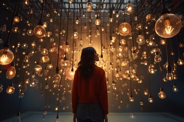 Woman in room full of light bulbs