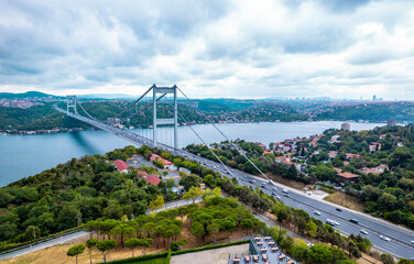Aerial view of Fatih Sultan Mehmet Bridge in Istanbul, Turkey. Beautiful view of Istanbul Bosphorus. Drone shot.