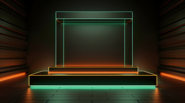 Modern showcase scene illuminated, platform for product presentation, neon lights, glowing, nature bg, nice color and stone backgrounds -  created with Generative AI technology