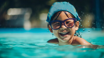 Fototapeta na wymiar Smiling little girl kid having fun in swimming pool. Summer outdoor activity during family vacation holiday. Playing in blue water. 