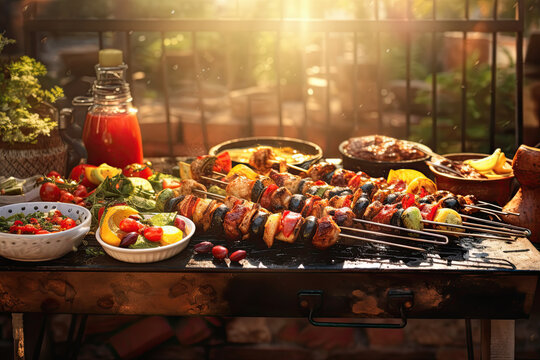 brochetas de carne y verduras sobre mesa con platos y comida preparada para la barbacoa, Ilustracion de ia generativa