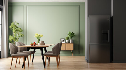 Blank Sage Green Wall Partition, White Baseboard on Parquet Floor in Luxury, Modern Kitchen With Wooden Dining Table, Chair, Cabinet, Cupboard, Black Refrigerator in Sunlight From Window Curtain 3D