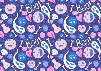 Fototapeta premium Halloween cartoon pumpkins seamless ghost and bones and skulls pattern for wrapping paper and fabrics